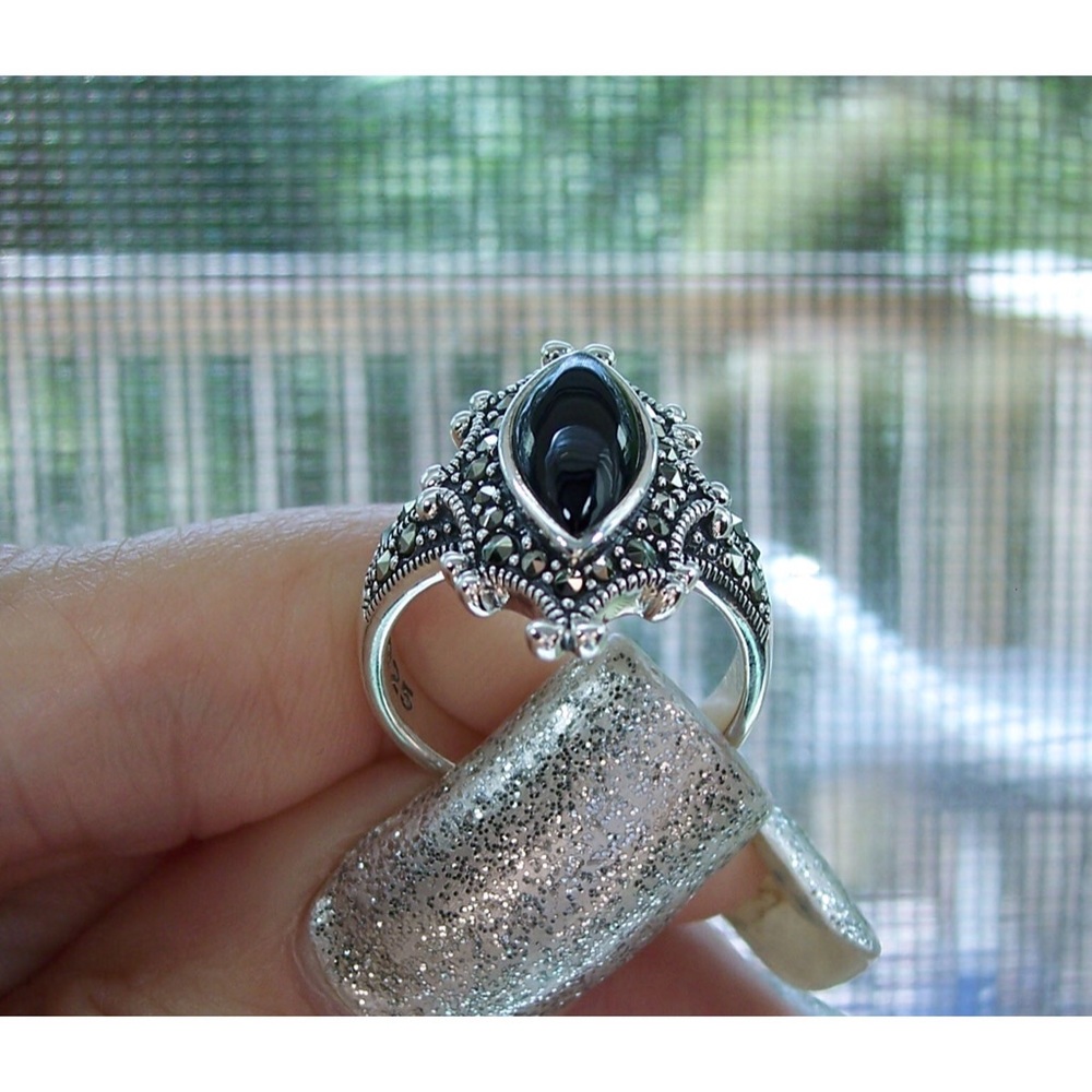 925 STERLING SILVER Marquise Black Onyx & Marcasite Ring - Picture 7 of 16